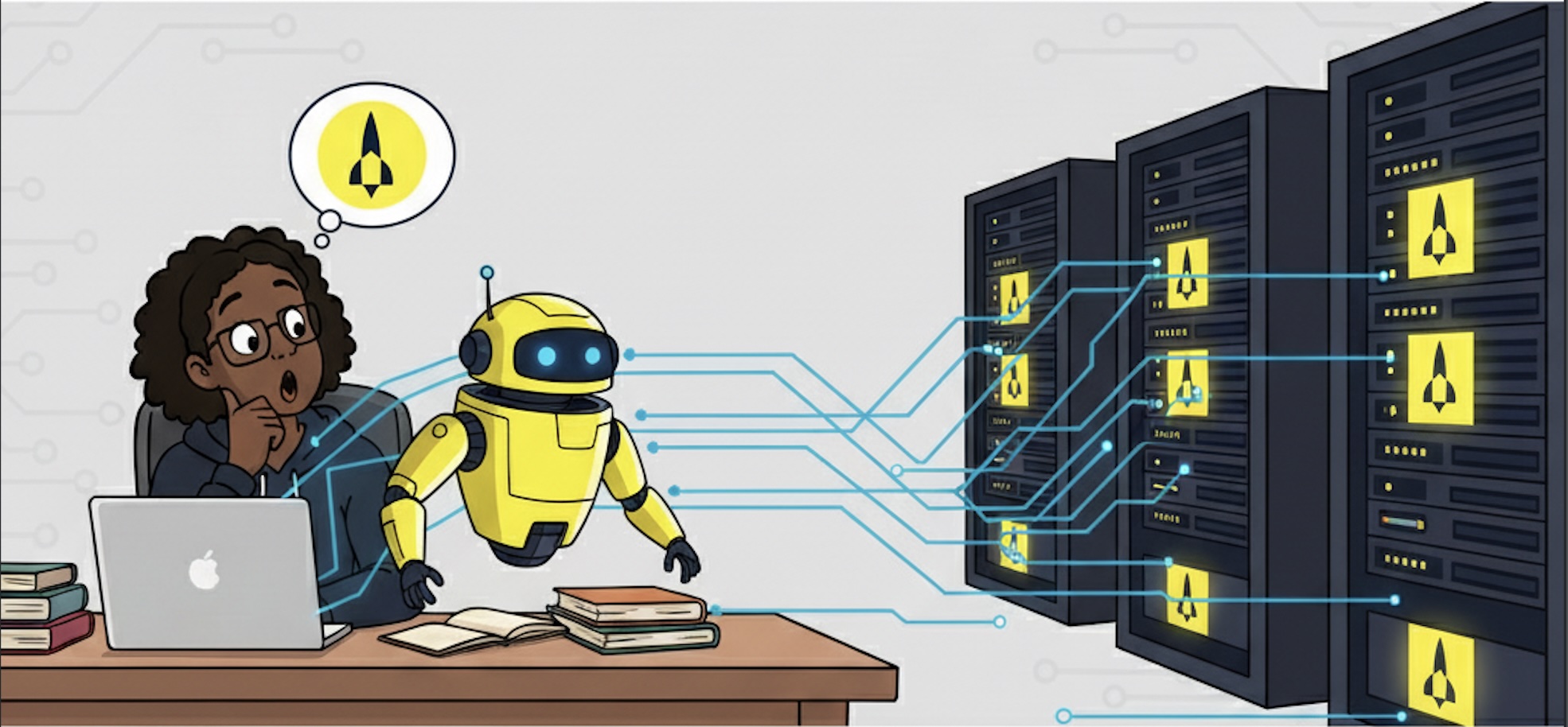 A women software programmer wonder by looking at the smart aerospike client looking like bot talking to servers