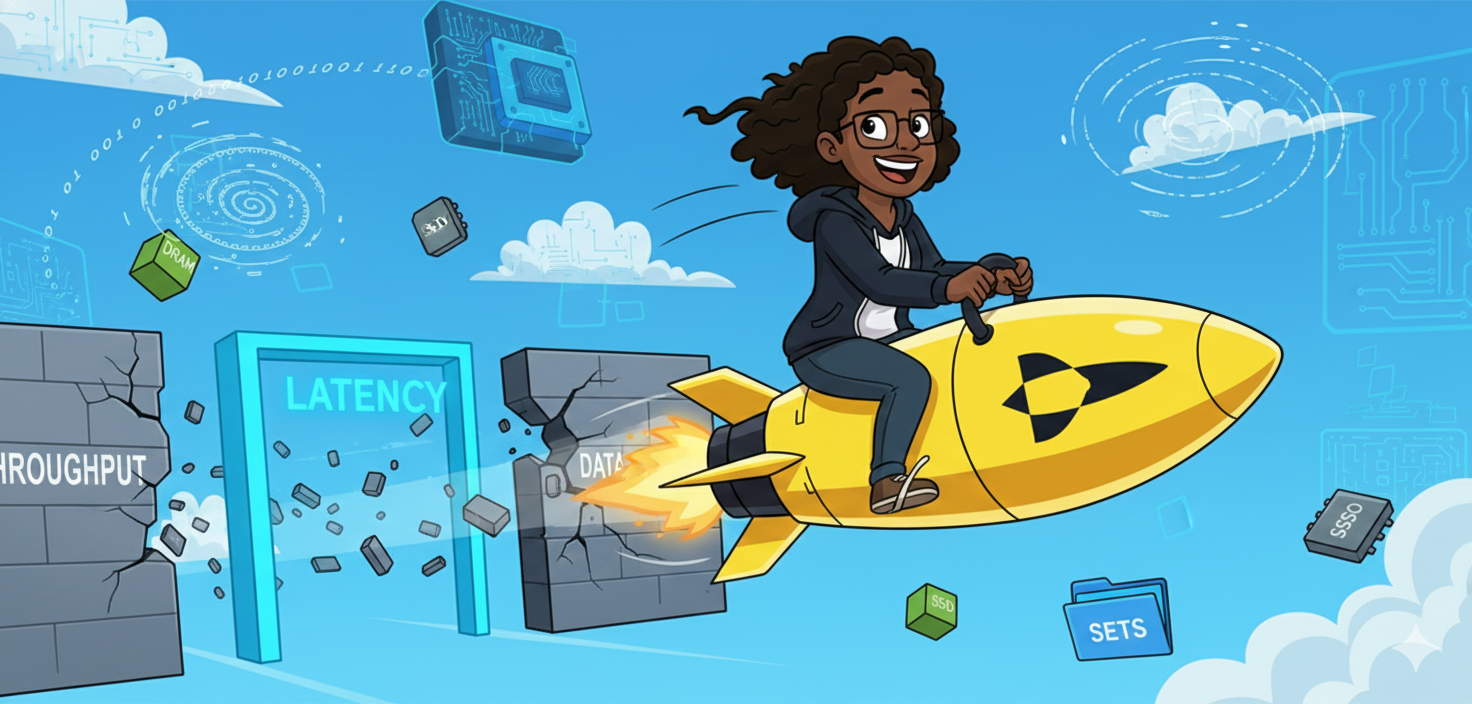 The software programmer flying in Aerospike logo shaped jet crossing hurdles successfully